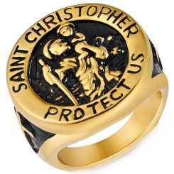 ***COI Titanium Black/Gold Tone/Silver Black Saint Christopher Protect Us Ring-00599BB
