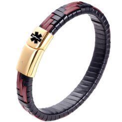 ***COI Titanium Black/Gold Tone/Silver Medical Alert Genuine Leather Bracelet With Steel Clasp(Length: 8.27 inches)-00610BB