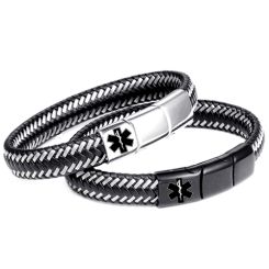 ***COI Titanium Black/Silver Medical Alert Genuine Leather Bracelet With Steel Clasp(Length: 8.27 inches)-00612BB