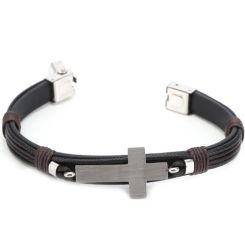 ***COI Titanium Cross Genuine Leather Bracelet With Steel Clasp(Length: 8.27 inches)-00616BB