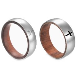 ***COI Titanium Masonic Freemason/Cross Dome Court Ring With Wood-00619BB