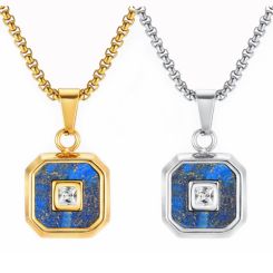 ***COI Titanium Gold Tone/Silver Lapis Lazuli Pendant With Cubic Zirconia-00633BB
