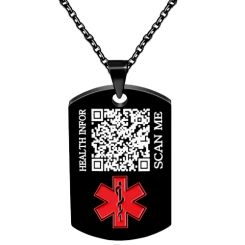 ***COI Black Titanium Medical Alert Custom QR Code Health Info Pendant-00645BB
