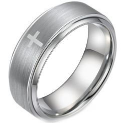 ***COI Titanium Black/Silver Cross Step Edges Ring-00649BB