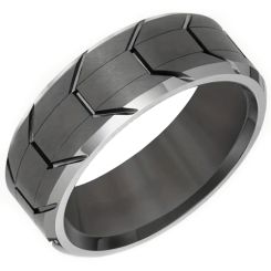 ***COI Titanium Black Silver Grooves Beveled Edges Ring-00654BB