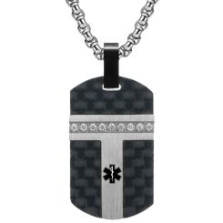 ***COI Titanium Black/Gold Tone Silver Medical Alert Carbon Fiber Pendant With Cubic Zirconia-00657BB