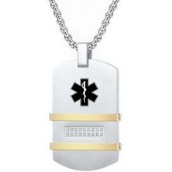 ***COI Titanium Black/Gold Tone Silver Medical Alert Tag Pendant With Cubic Zirconia-00661BB
