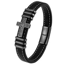 ***COI Titanium Black/Gold Tone/Silver Cross Cubic Zirconia Genuine Leather Bracelet With Steel Clasp(Length: 8.27 inches)-00663BB