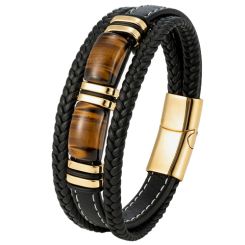 ***COI Gold Tone Titanium Tiger Eyes Genuine Leather Bracelet With Steel Clasp(Length: 9.06 inches)-00698BB