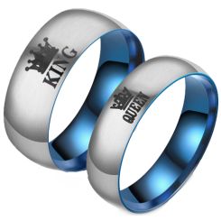 ***COI Titanium Blue Silver King Queen Crown Dome Court Ring-00713BB