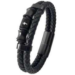 ***COI Black Titanium Cross Genuine Leather Bracelet With Steel Clasp(Length: 8.07 inches)-00722BB
