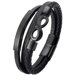 ***COI Black Titanium Infinity Genuine Leather Bracelet With Steel Clasp(Length: 8.07 inches)-00723BB