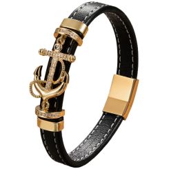 ***COI Titanium Black/Gold Tone/Silver Anchor Cubic Zirconia Genuine Leather Bracelet With Steel Clasp(Length: 8.27 inches)-00725BB
