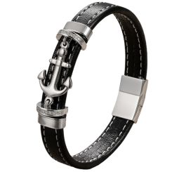 ***COI Titanium Black/Gold Tone/Silver Anchor Cubic Zirconia Genuine Leather Bracelet With Steel Clasp(Length: 8.27 inches)-00727BB