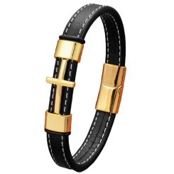 ***COI Titanium Black/Gold Tone/Silver Cross Genuine Leather Bracelet With Steel Clasp(Length: 9.06 inches)-00728BB