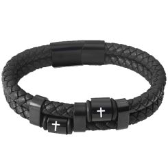 ***COI Black Titanium Cross Genuine Leather Bracelet With Steel Clasp(Length: 8.07 inches)-00729BB