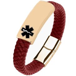 ***COI Gold Tone Titanium Medical Alert Genuine Leather Bracelet With Steel Clasp(Length: 8.85 inches)-00740BB
