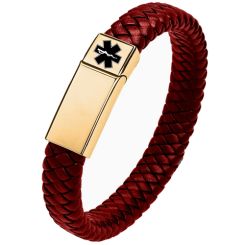 ***COI Gold Tone Titanium Medical Alert Genuine Leather Bracelet With Steel Clasp(Length: 8.85 inches)-00741BB