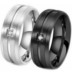 ***COI Titanium Black/Gold Tone/Silver Center Groove Beveled Edges Ring With Cubic Zirconia-00783BB