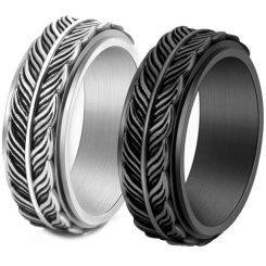 ***COI Titanium Black/Gold Tone/Silver Feather Rotating Ring-00784BB