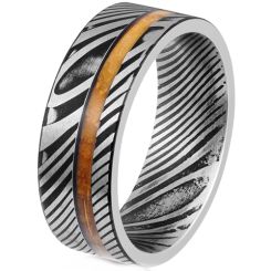 ***COI Titanium Black Silver Damascus Ring With Wood-00809BB