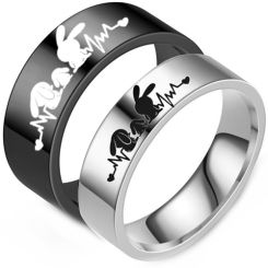 ***COI Titanium Black/Silver Easter Rabbit Heartbeat & Heart Pipe Cut Flat Ring-00813BB