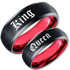 ***COI Titanium Black Red King Queen Beveled Edges Ring-00818BB