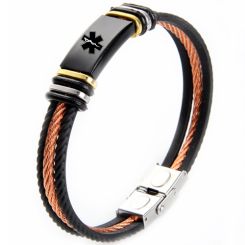 ***COI Titanium Black Gold Tone Rose Silver Medical Alert Wire Bracelet With Steel Clasp(Length: 8.27 inches)-00829BB
