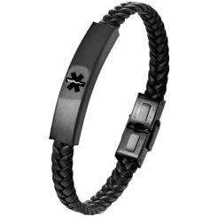 ***COI Black Titanium Medical Alert Genuine Leather Bracelet With Steel Clasp(Length: 9.06 inches)-00838BB