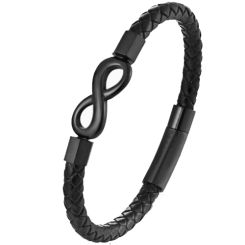 ***COI Black Titanium Infinity Genuine Leather Bracelet With Steel Clasp(Length: 9.06 inches)-00839BB
