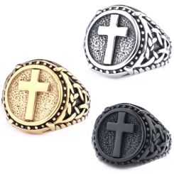 ***COI Titanium Black/Gold Tone/Silver Black Cross Ring-00846BB