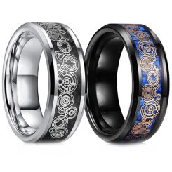 ***COI Titanium Black/Silver Gears & Circle Beveled Edges Ring-00850BB