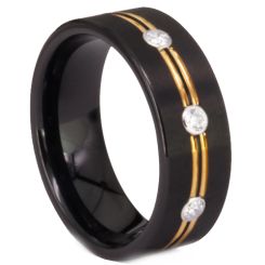 ***COI Titanium Black Gold Tone Double Grooves Ring With Cubic Zirconia-00853BB