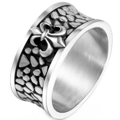 ***COI Titanium Black Silver Fleur De Lis Ring-00854BB