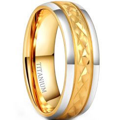 ***COI Titanium Gold Tone Silver Grooves Ring-00858BB