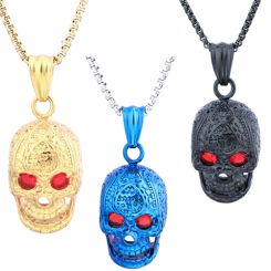 ***COI Titanium Black/Blue/Gold Tone Skull Pendant With Created Red Ruby-00872BB