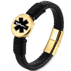 ***COI Titanium Black/Gold Tone/Rose/Silver Medical Alert Genuine Leather Bracelet With Steel Clasp(Length: 8.27 inches)-00884BB