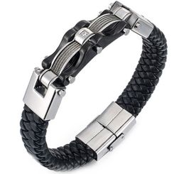 ***COI Titanium Silver Black/Gold Tone/Silver Cubic Zirconia Genuine Leather Bracelet With Steel Clasp(Length: 8.27 inches)-00885BB