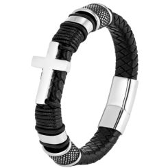 ***COI Titanium Black Silver Cross Genuine Leather Bracelet With Steel Clasp(Length: 8.27 inches)-00887BB