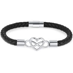 ***COI Titanium Black/Silver Infinity Heart Genuine Leather Bracelet With Steel Clasp(Length: 8.27 inches)-00890BB