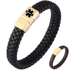 ***COI Gold Tone Titanium Medical Alert Genuine Leather Bracelet With Steel Clasp(Length: 8.27 inches)-00892BB