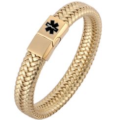 ***COI Gold Tone Titanium Medical Alert Genuine Leather Bracelet With Steel Clasp(Length: 8.27 inches)-00893BB