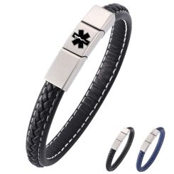 ***COI Titanium Medical Alert Genuine Leather Bracelet With Steel Clasp(Length: 8.27 inches)-00896BB