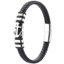 ***COI Titanium Black Silver Anchor Genuine Leather Bracelet With Steel Clasp(Length: 8.86 inches)-00898BB