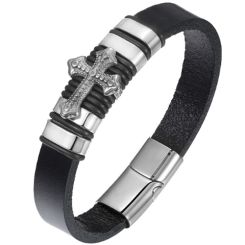 ***COI Titanium Gold Tone/Silver Cross Genuine Leather Bracelet With Steel Clasp(Length: 8.27 inches)-00915BB