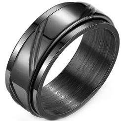 ***COI Titanium Black/Gold Tone/Silver Diagonal Grooves Step Edges Ring-00919BB