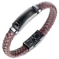 ***COI Titanium Black Silver Medical Alert Genuine Leather Bracelet With Steel Clasp(Length: 8.27 inches)-00953BB
