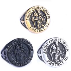 ***COI Titanium Black/Gold Tone/Silver Saint Christopher Protect Us Ring-00957BB