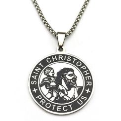 ***COI Titanium Black Silver Saint Christopher Protect Us Pendant-00963BB