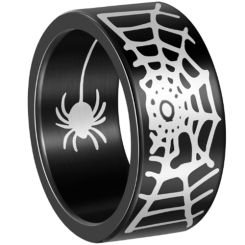 ***COI Titanium Black/Silver Spider & Web Pipe Cut Flat Ring-00967BB